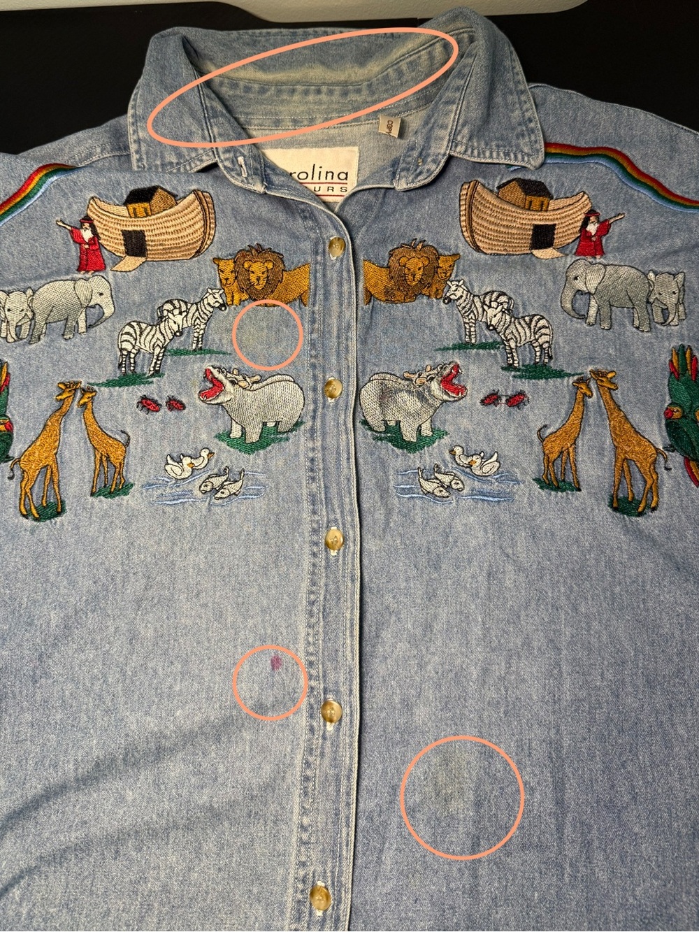 🌈🦁 Vintage Carolina Colours Noah’s Ark Embroidered Denim Shirt XL - Picture 12 of 12